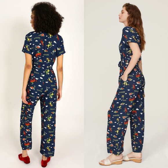 HVN Western Rodeo Print Short Sleeve Button Up Tie Waist Ankle Crop Jumpsuit 12 - Picture 5 of 12